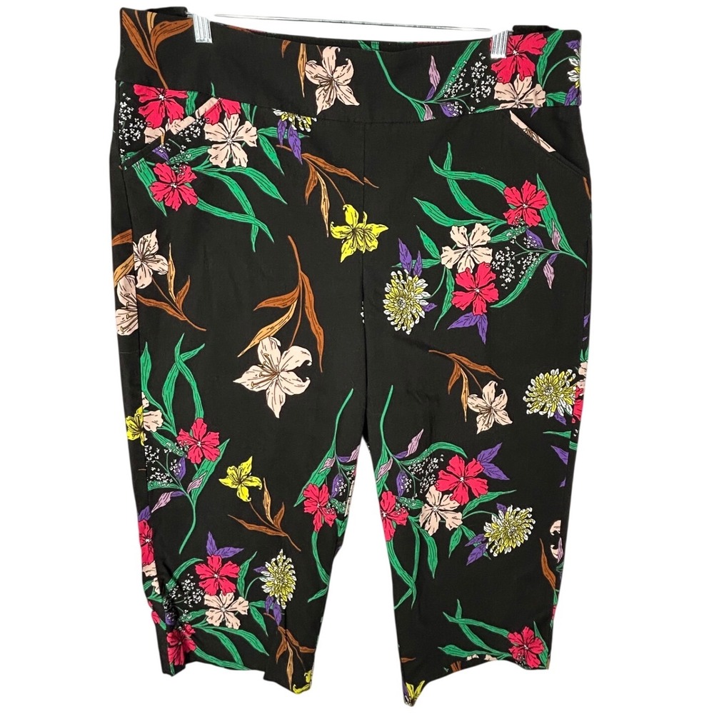 Worthington Woman Black Capri Pants Floral Print Stretchy Fabric Women's Size 1X